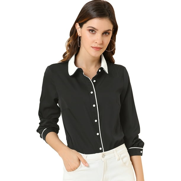 Blusa De Manga Larga Con Cuello Peter Pan Para Mujer Negro XS