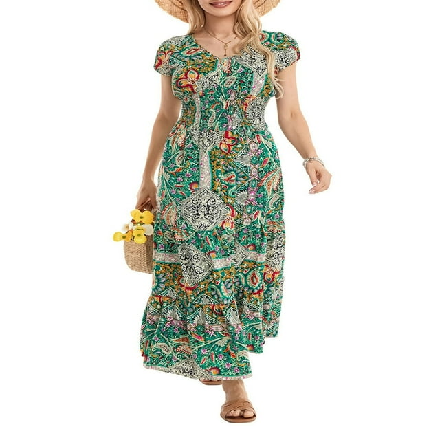 Women‘s Summer Short Sleeve V Neck Pattern Print Beach Dress