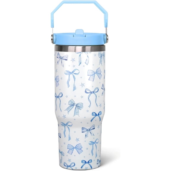 30 Oz Blue Bow Flip Tumbler With Lid and Straw, Coffee Travel Mug, Blue Bow Gifts for Women Girls, Bow Home Decor