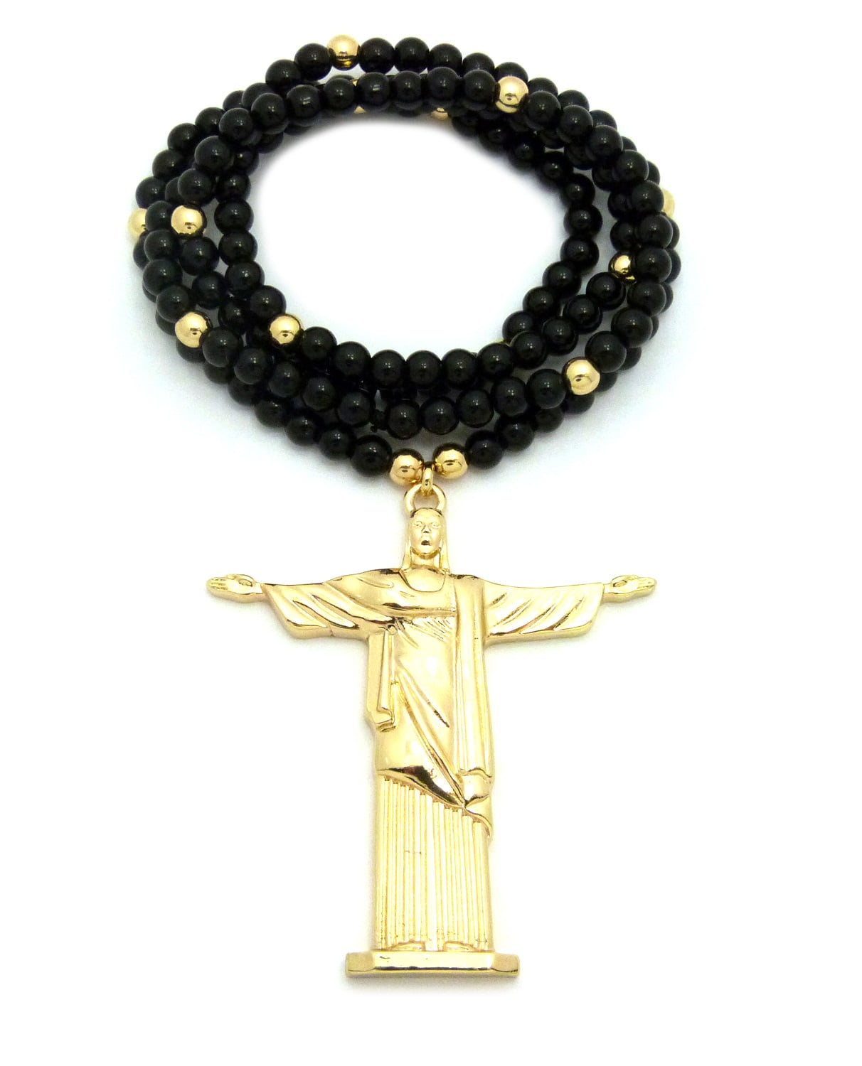 Christ the Redeemer Statue Pendant w/ 6mm 30" Black Glass & Color Bead
