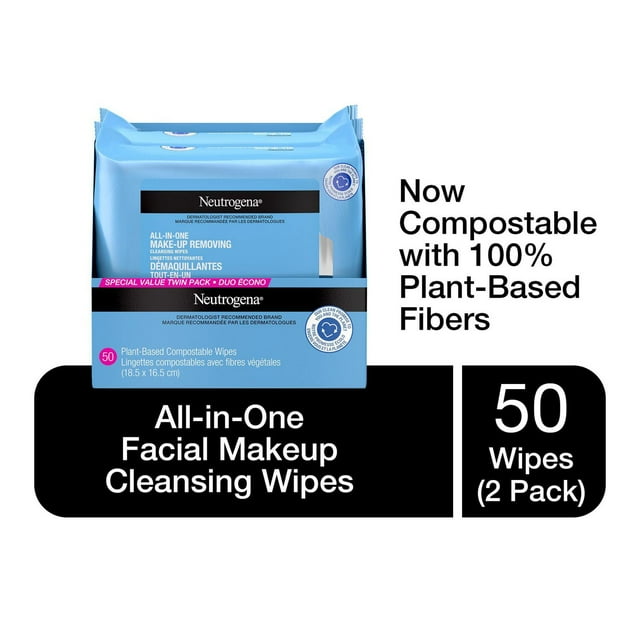 Neutrogena All-in-One Makeup Removing Cleansing Wipes - Gentle Cleansing Towelettes Remove Make-up & Waterproof Mascara - Plant-Based, Alcohol-Free Formula for Sensitive Eye Area - Value