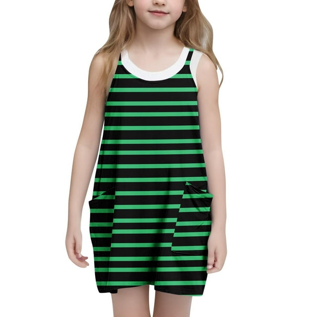 Bwiyojiz Tailles Mode 120-160 Robe Sans Manches à Col Rond Décontractée d'Été à Bretelles Combinaison Robes Tennis avec Poches pour Enfant, 5 Ans, Cadeaux pour la Maison, Vert