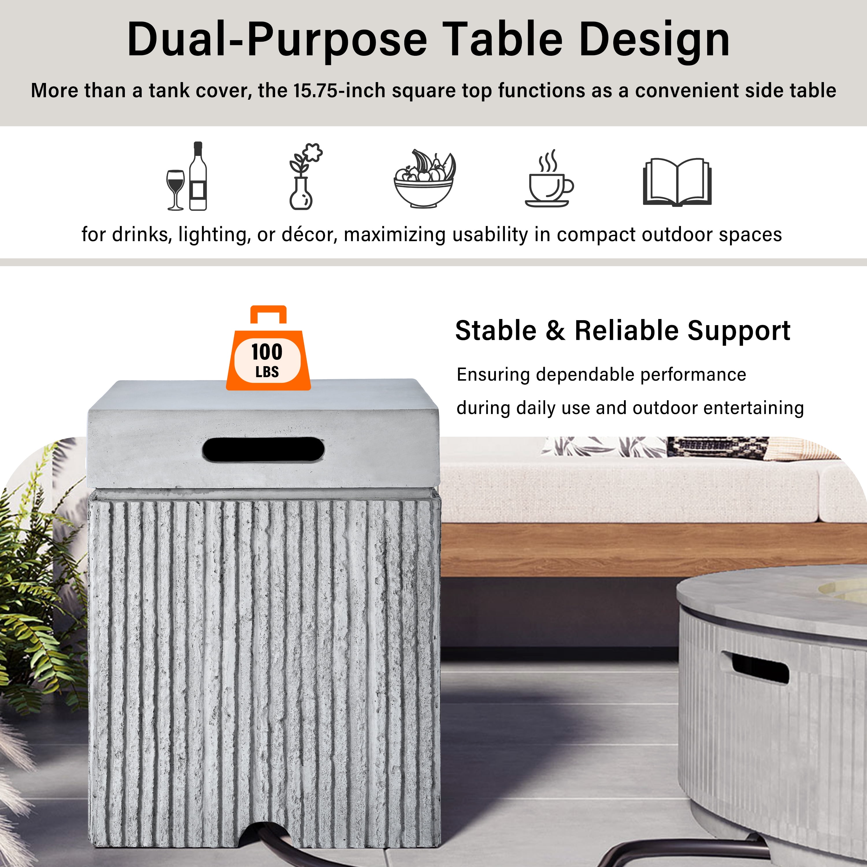 Mintazer 15.75" Outdoor Propane Tank Cover Table with Side Handles & Protective Cover, Side Table with Vertical Fluted Texture for Fire Pit Patio Backyard, No Assembly Needed, Gray