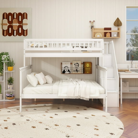 Twin over Full Stairway Bunk Bed with storage, White