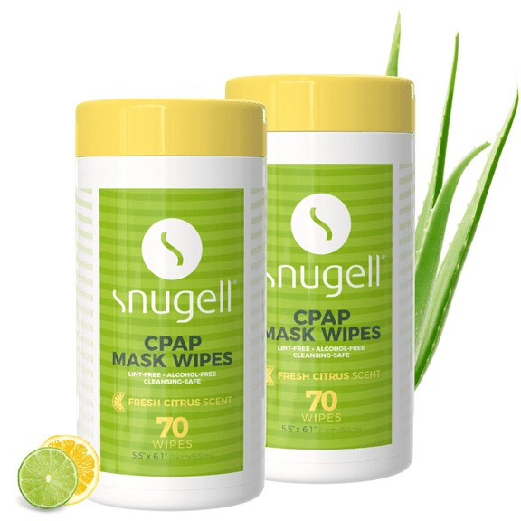 CPAP Mask Wipes by Snugell (2 Canister, 70 Count) - Fresh Citrus Scent - Lint & Alcohol Free - Skin Safe with Aloe Vera - Easy Opening Canister - For Cleaning CPAP Mask, Tube and Devices
