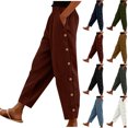 thumbnail image 1 of Pincandy Women's Solid Color Elastic Waist Corduroy Casual Pants, Side Pockets, Side Buttons, Casual & Daily Wear, 1 of 7