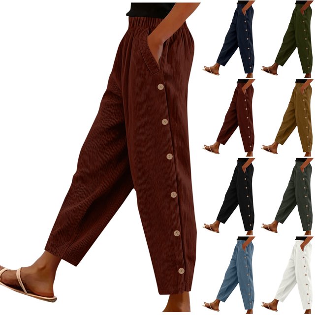 Pincandy Women's Solid Color Elastic Waist Corduroy Casual Pants, Side Pockets, Side Buttons, Casual & Daily Wear