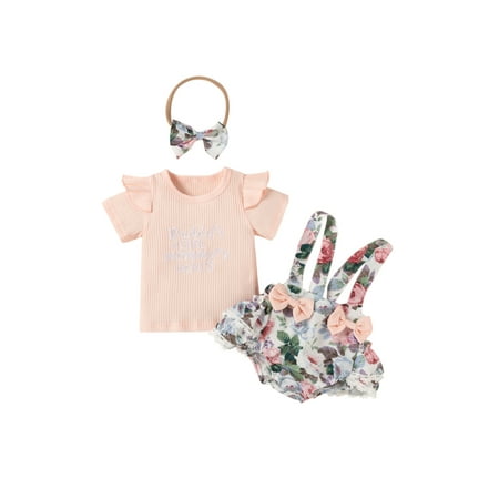 

Pudcoco Girl Sets Letter Short Sleeve Round Tops Floral Shorts Headwear