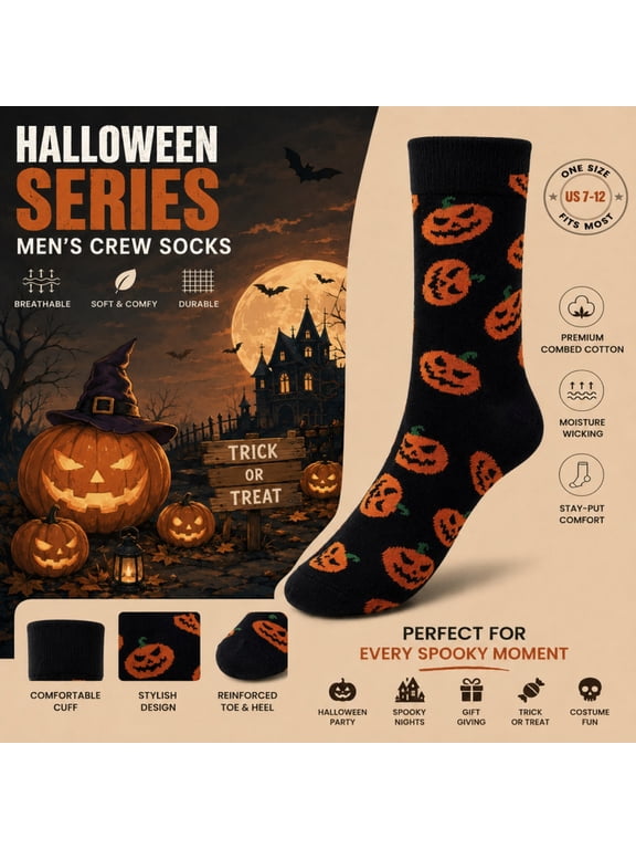 Halloween Pumpkin Socks for Women Men, Orange Black Novelty Crew Socks, Soft Knit Mid Calf Casual Cotton Blend, Funny Fall Winter Party Costume Accessories Gift