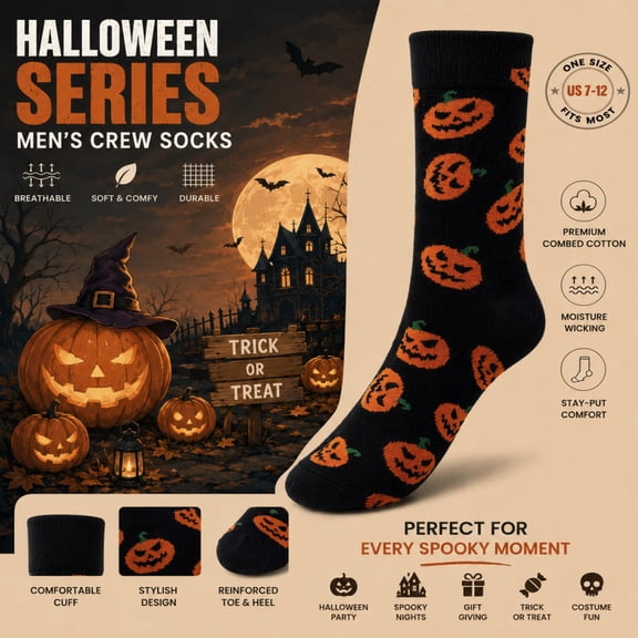 Halloween Pumpkin Socks for Women Men, Orange Black Novelty Crew Socks, Mid-Calf Knitted Fall Winter Accessories, Funny Costume Party Gifts