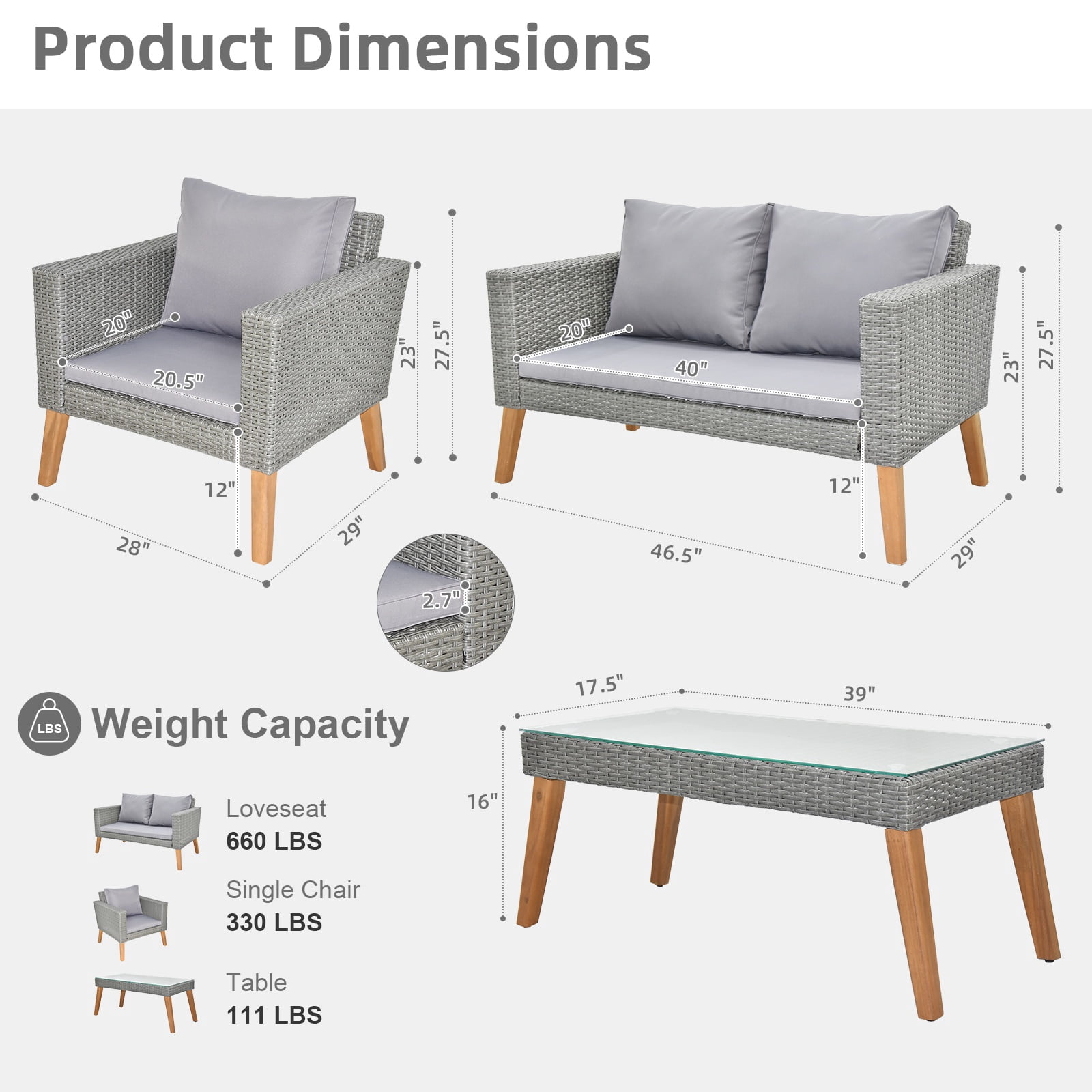 4 Pieces Outdoor Wicker Conversation Set, All-Weather Rattan Patio Furniture Sets with Arm Chairs, Tempered Glass Tabletop and Cushions, Sectional Sofa Set for Backyard, Garden, Poolside