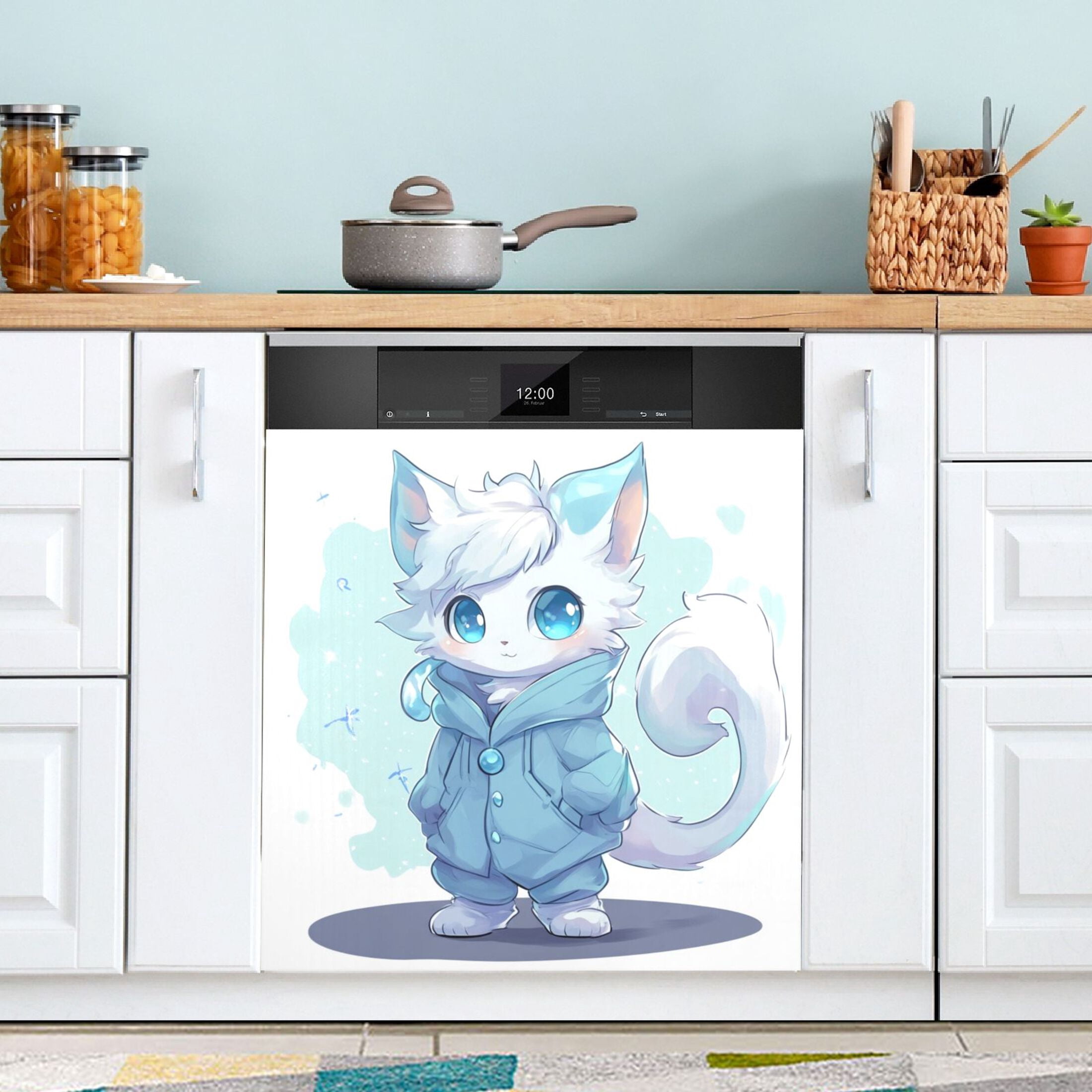 Dishwasher Magnetic Sticker 23x26 Inch Refrigerator Magnetic Sticker Washing Machine Magnetic Sticker Kitchen Panel Magnetic Sticker Home Decor Cartoon Beautiful Blue Cat
