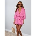 thumbnail image 5 of Women'S Collar V Neck Button Down Pleated 3/4 Sleeve Mini Shirt Dress with Belt Rose Red L, 5 of 9