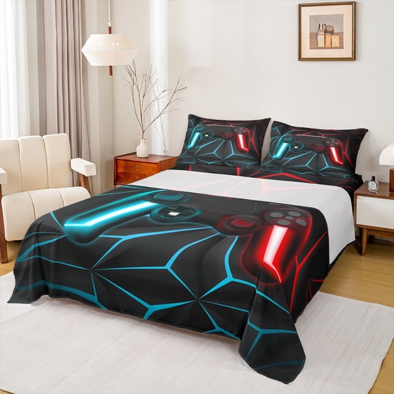 Feelyou Cartoon Game Console Twin Sheet Sets for Kids, Neon Glowing Honeycomb Twin Fitted Sheet, Cyan Red Gaming Gamer Flat Sheet, Lightweight Room Decor, 3pcs