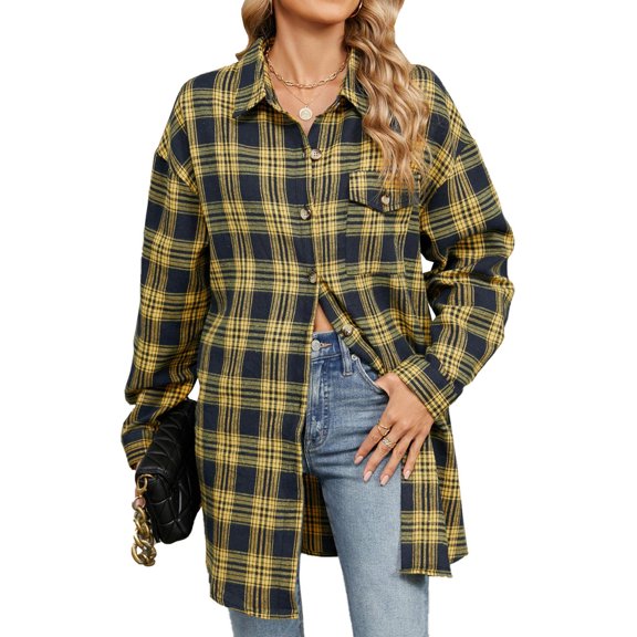 SwiftWear Women's Oversized Plaid Shirt Jacket Long Sleeve Button Down Shacket Casual Coat for Spring Fall​​, Yellow