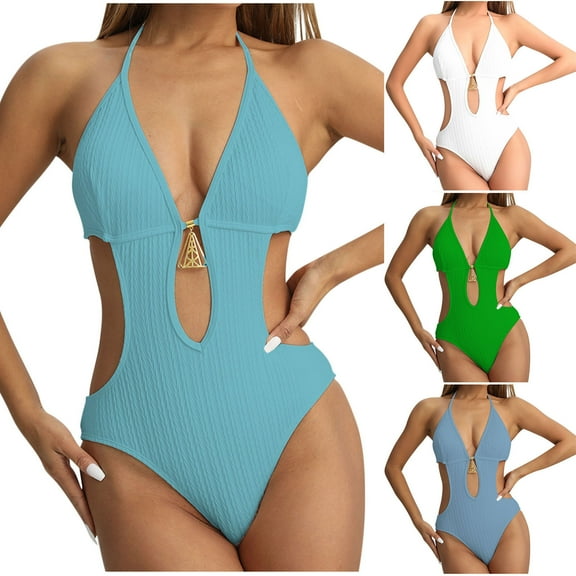 UTSJKR Women's One Piece Swimsuits Monokinis Cutout High Waisted Tummy Control Bathing Suit Tie Back Beach Holiday Swimwear Blue XL