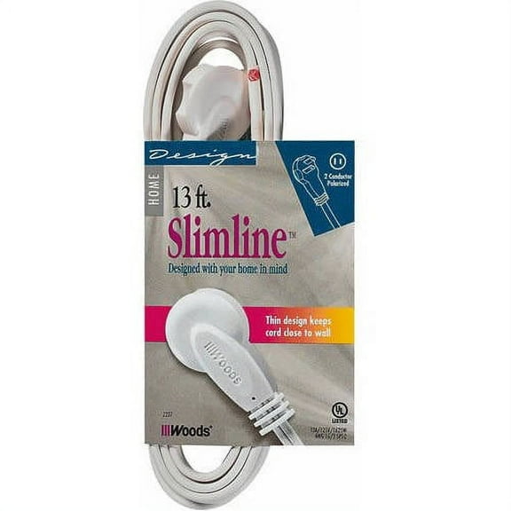 SlimLine 2237 Flat Plug Extension Cord, 2-Wire, White, 13-Foot