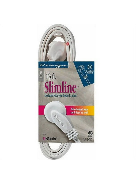 SlimLine 2237 Flat Plug Extension Cord, 2-Wire, White, 13-Foot