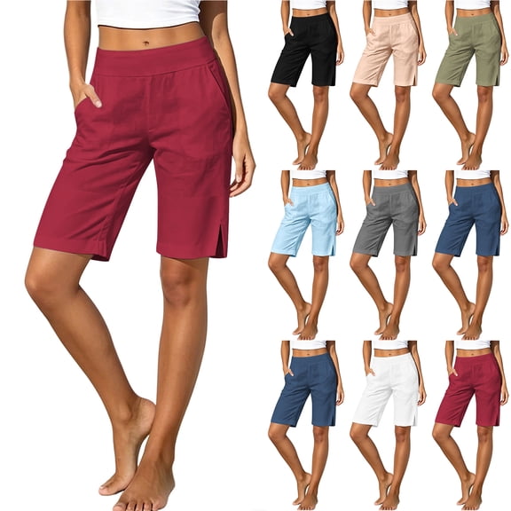 Bloomae Bermuda Shorts for Women Knee Length Elastic High Waisted Comfy Lounge Short Pants Side Split Casual Summer Beach Vacation Shorts with Pockets