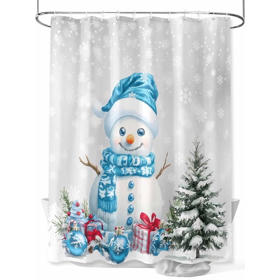 Christmas Small Stall Shower Curtain, Waterproof Shower Curtains for Bathroom, Blue Snowman Xmas Tree Balls Winter Snowflakes Washable Fabric Cloth Bath Curtain for Bathtub with Hooks 36x78 Inches