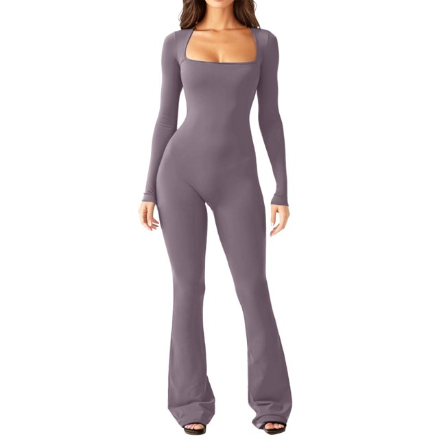 Monos para mujer, cuello cuadrado, pierna ancha, largo completo, mono