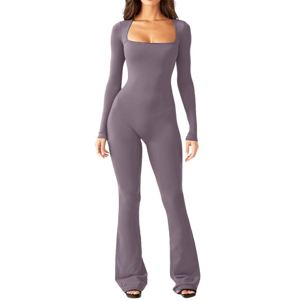 Monos para mujer, cuello cuadrado, pierna ancha, largo completo, mono