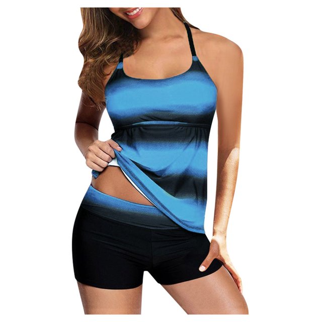 Women Plus Size Print Strappy Back Tankini Set Two Piece Swimsuits Swimdress