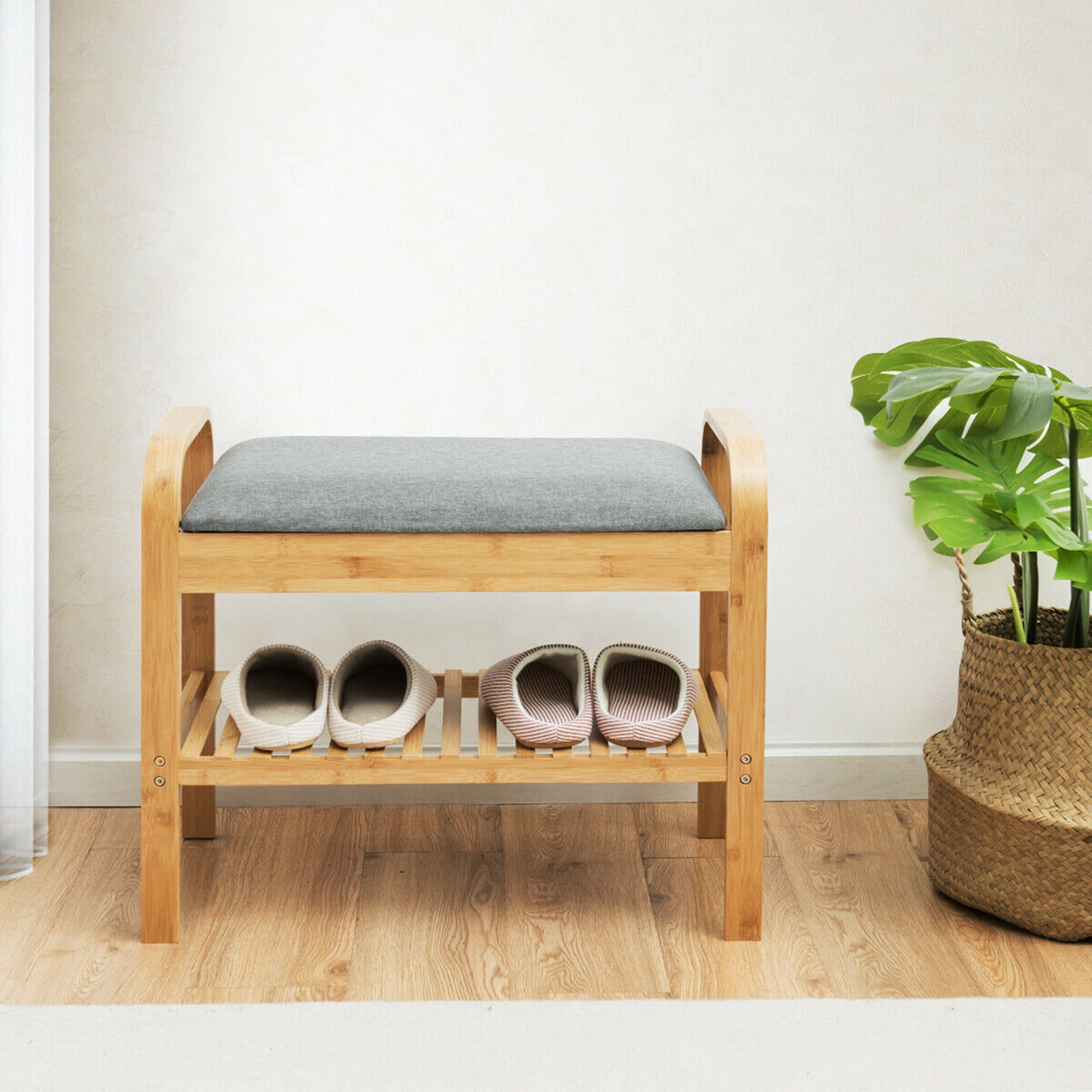 Gymax 1-Tier Cushioned Seat and Shoe Storage Bench, Bamboo, Linen and Wood, Brown and Gray