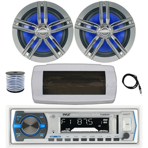 Pyle PLMRB29W Single DIN Bluetooth Marine MP3 AM/FM Stereo Receiver with White Cover, 22" Radio Antenna, Wire, 2x 6.5" 180 Watt Max Power 2-Way Water Resistant Audio Speakers (Charcoal)