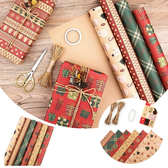 6 Roll Christmas Wrapping Paper Vintage Christmas Green Red Tissue Paper,Rustic Stylewith ChristmasElements,Snowflake GiftWrap Present Paper for Xmas NewYear Holiday Birthdays Wedding
