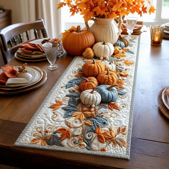 Fall Decor - Quilted Table Runner, 14x48in, Farmhouse Rustics Home Decor, Washable Narrow Tablecloth for Christmas Kitchen Holiday Dining Table