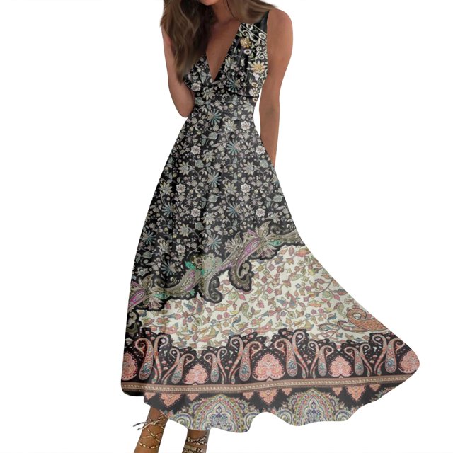 Robes Maxi d'Été pour Femmes, Robe d'Été pour Femmes Sans Manches à Col en V, Boho de Printemps à Fleurs, Taille Élastique, Volants, Robes Maxi
