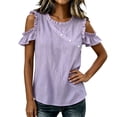thumbnail image 2 of VBVC Women's Cotton Blend Cold Shoulder Blouse, Ladies' Crew Neck Ruffle Sleeve Top, Casual Button Detail Shirt For Women,Purple,S-2XL, 2 of 7