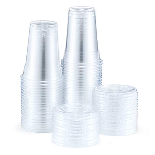 Eupako Gobelets en Plastique de 9 oz avec Couvercles, Gobelets de Fête en Plastique Jetables Transparents de 9 Onces avec Couvercles Plats, Gobelets pour Boissons Froides Lot de 100