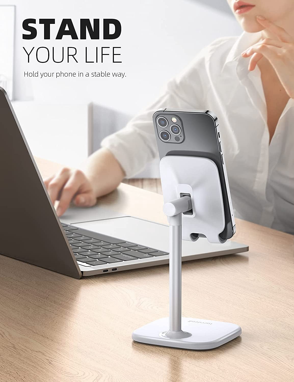 Cell Phone Stand for Desk - Adjustable Mobile Phone Holder Dock for Table, Desktop, Office, Compatible with iPhone 13 12 11 X Xr Pro Max 8 7 6 Plus, Mini, More 4-10'' Cellphone and Tablets
