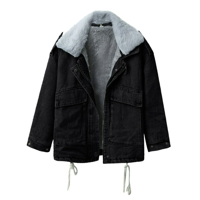 WEIYLL Womens Fleece Jackets Solid Color Lapel Collar Long Sleeve Plus Size Denim Zipper Black Cold Weather Tops Size L