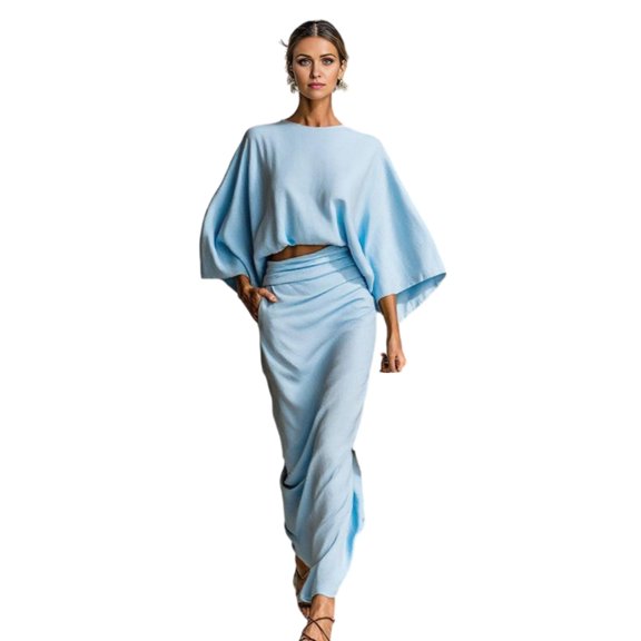 Quixlent Summer 2 Piece Skirt Sets for Women Batwing Long Sleeve Top And High Waist Ruched Maxi Skirt Matching Set Summer Vacation Lounge Outfits