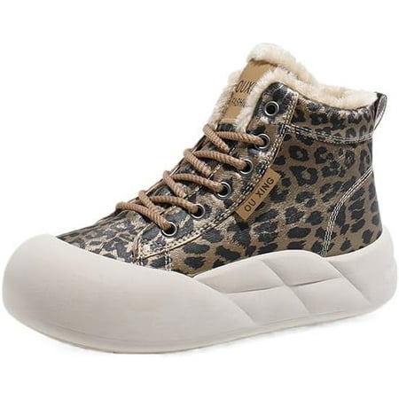 

Women s casual leopard print high top shoes winter raw edge warm shoes thick sole lace-up sneakers