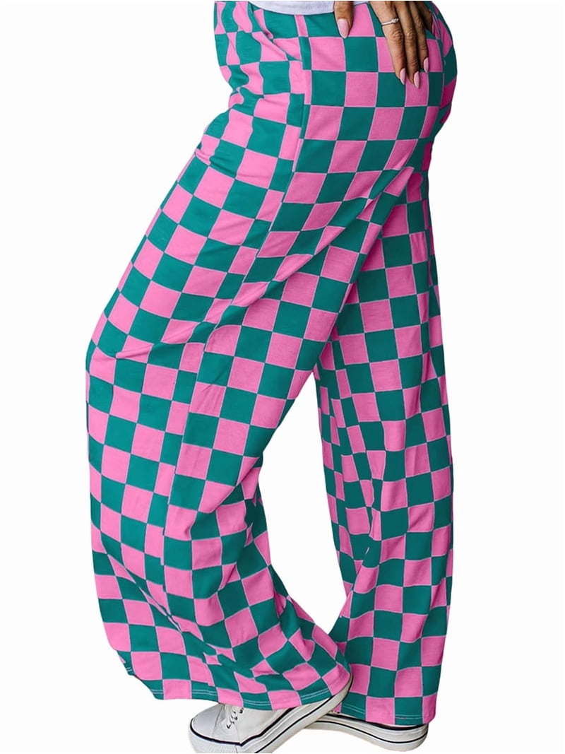 Women Casual Checkered Pants Elastic Waist Comfy Loose Wide Leg