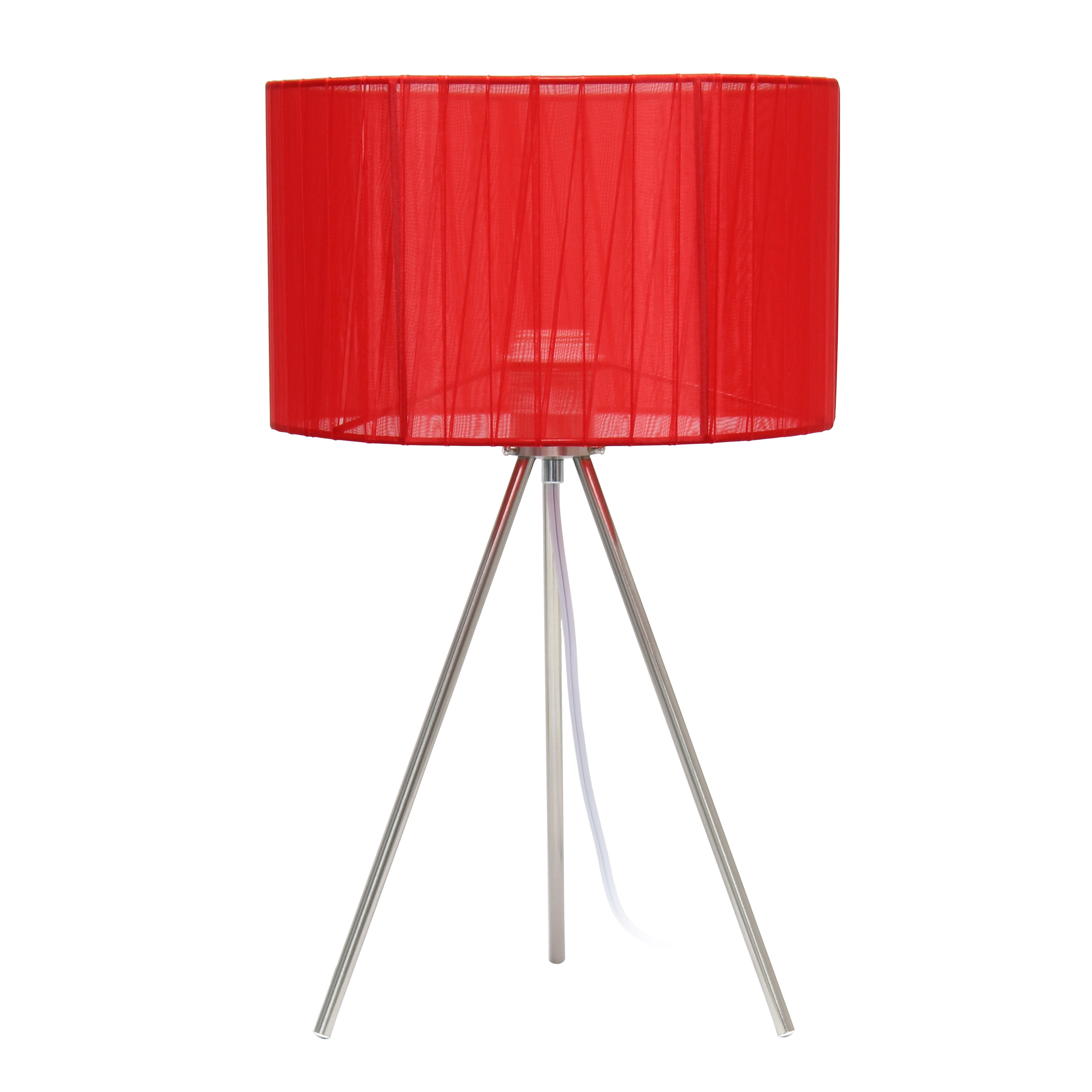 Simple Designs 19.69" Brushed Nickel Tripod Table Lamp and Pleated Silk Sheer Shade with LED Bulb, Red