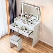 JanflyHome Vanity Desk with Mirror and Lights, Storage Stool, 41 Large Makeup Dressing Table for Girls Women Bedroom, White