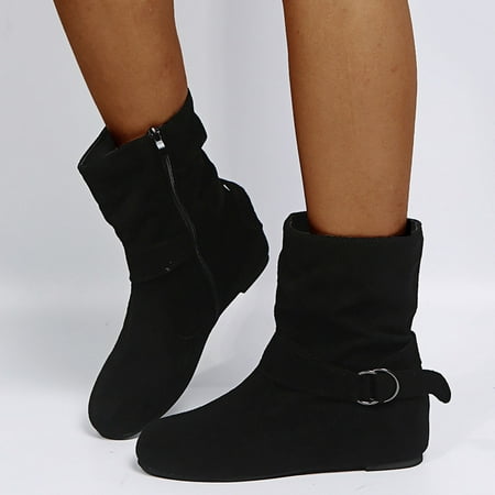 

HaiMao Women s Fashion Mid Calf Flat Heel Boots Clearance Side Zipper Slouch Boots Booties Black 7.5(40)