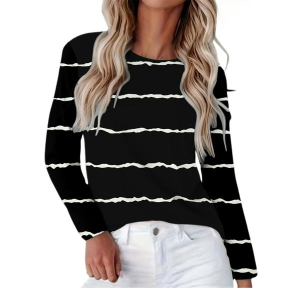 Women's Black White Striped Print Raglan Sleeve Round Neck Sweatshirt, Long Sleeve Soft Rayon Blend Pullover Top with Loose Fit for Fall Season, Casual Streetwear and Legging Pairing Outfits Black L