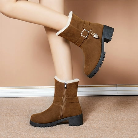 

Suede Belt Buckle Embellished Round Toe Thick High-heeled Fleece Snow Boots