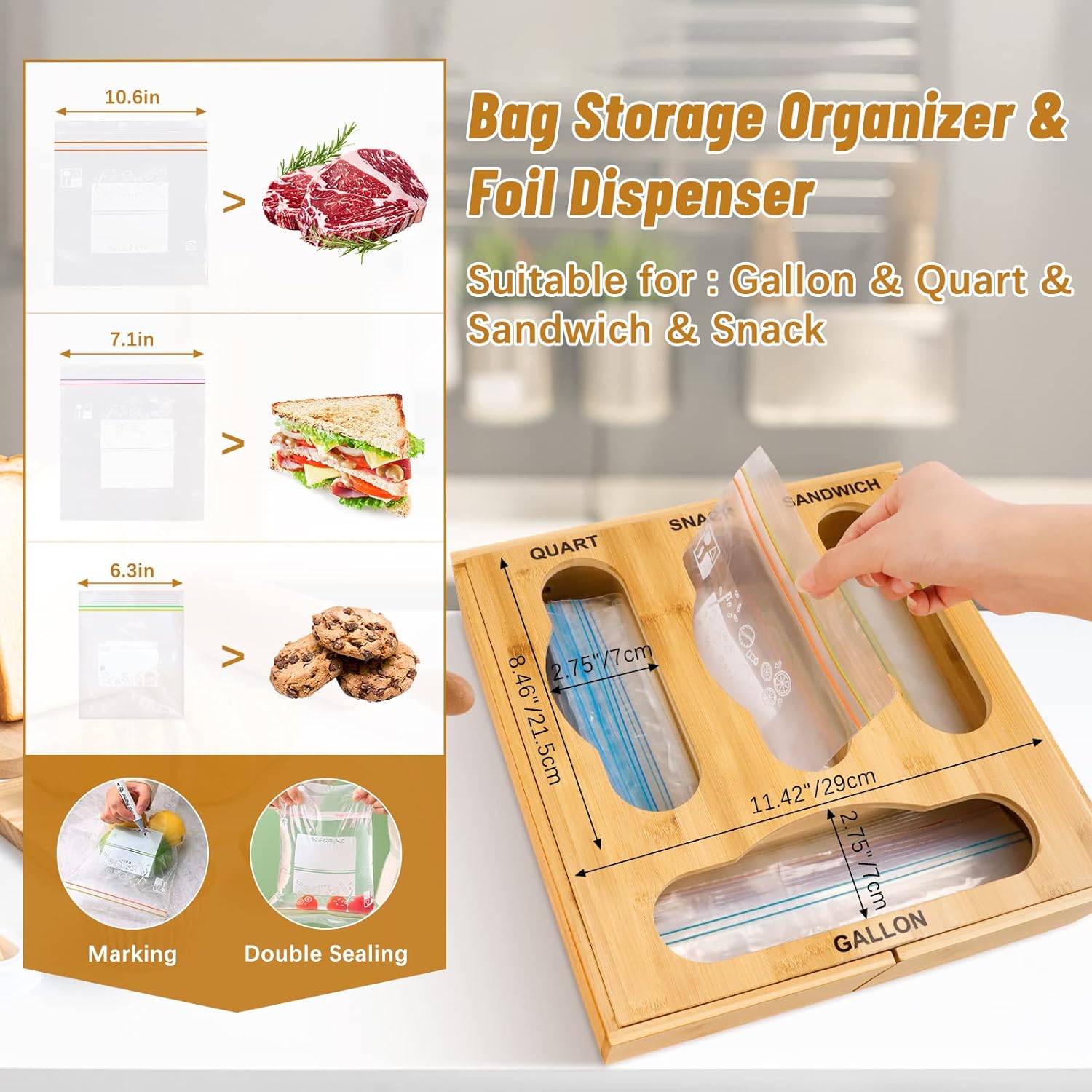 Bamboo Ziplock Bag Storage Organizer for Kitchen Drawer, Foil and Plastic Wrap Dispenser with Cutter, Food Plastic Baggie Holder for Gallon, Quart, Sandwich, Snack, Fit for Wall Hanging