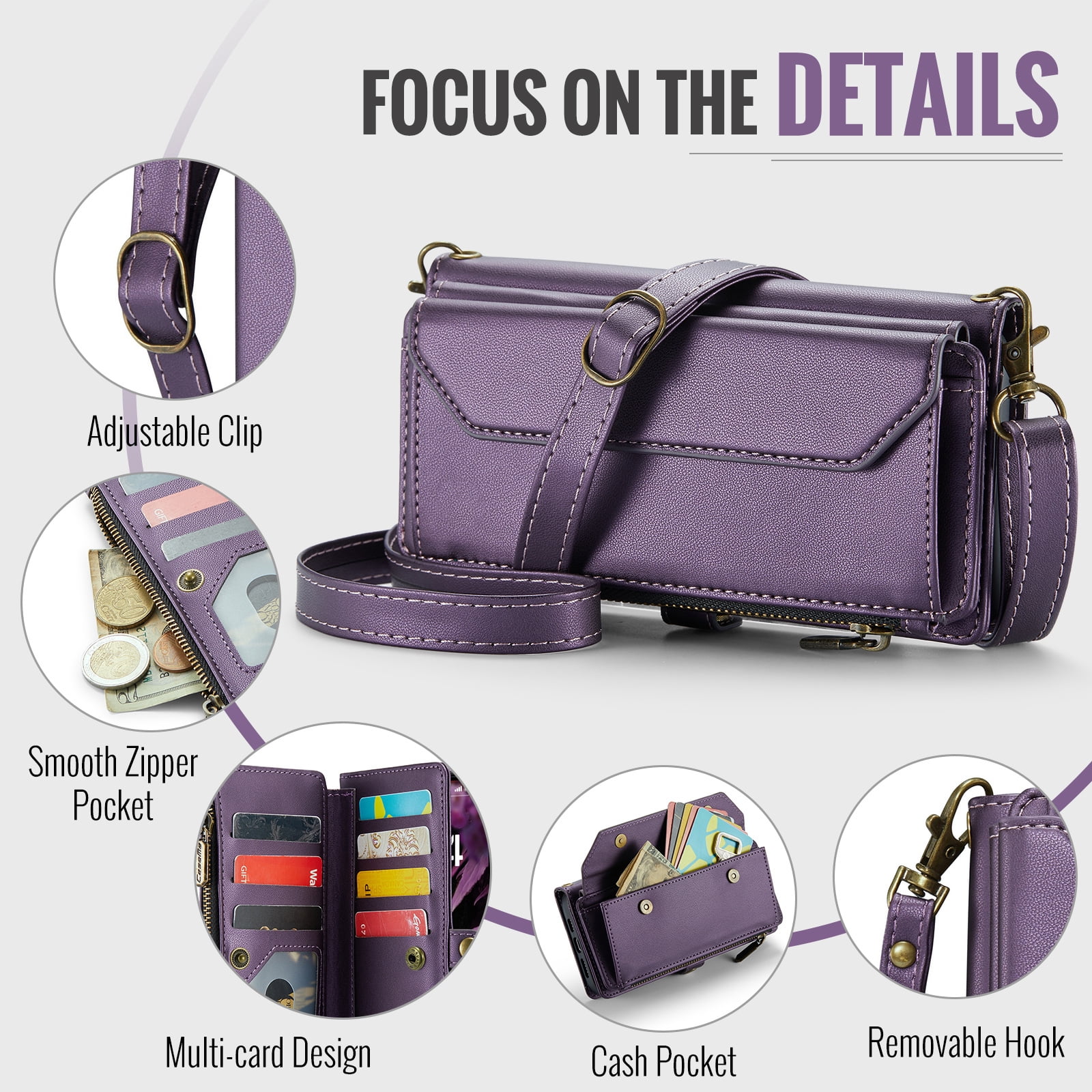 Asuwish Compatible with iPhone 17 Air 6.5 inch Zipper Wallet Phone Case Tempered Glass Screen Protector Crossbody Lanyard Strap Flip Card Holder Slot Cell Cover for i Phone17Air 17Case Women Purple
