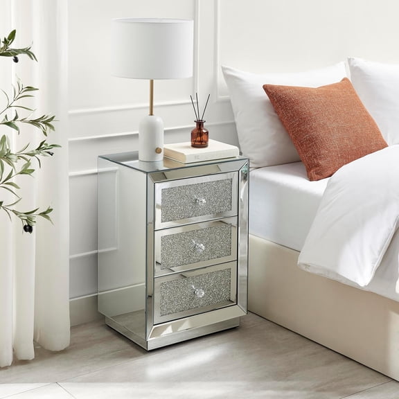 Crushed Diamon Mirrored Crystal Bedside Table Bedside Cabinet Modern Stylish 3 Drawer Bedroom Storage Bedroom Furniture