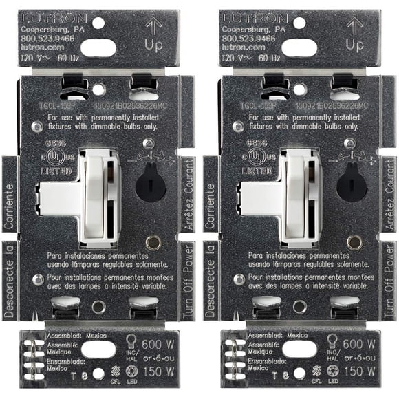 Interruptor de intensidad Lutron Toggler LED+ de 150 W, unipolar y 3 vías, paquete de 2