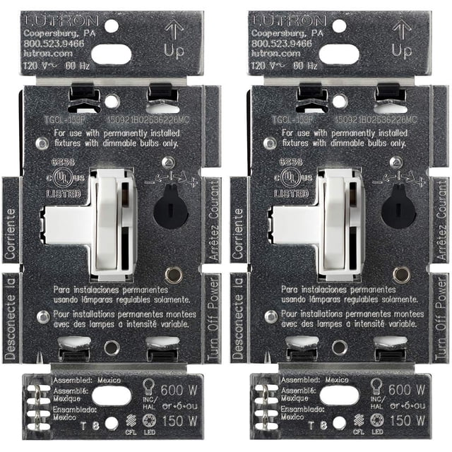Interruptor de intensidad Lutron Toggler LED+ de 150 W, unipolar y 3 vías, paquete de 2