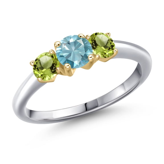 Gem Stone King 925 Silver and 10K Yellow Gold Blue Zircon and Green Peridot Engagement Ring for Women | 1.45 Cttw | Round 5MM | Gemstone Birthstone | Size 6
